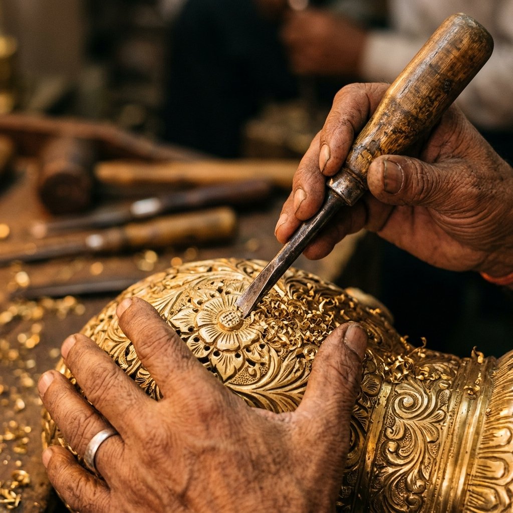 Detail of brass work being chiseled by hand