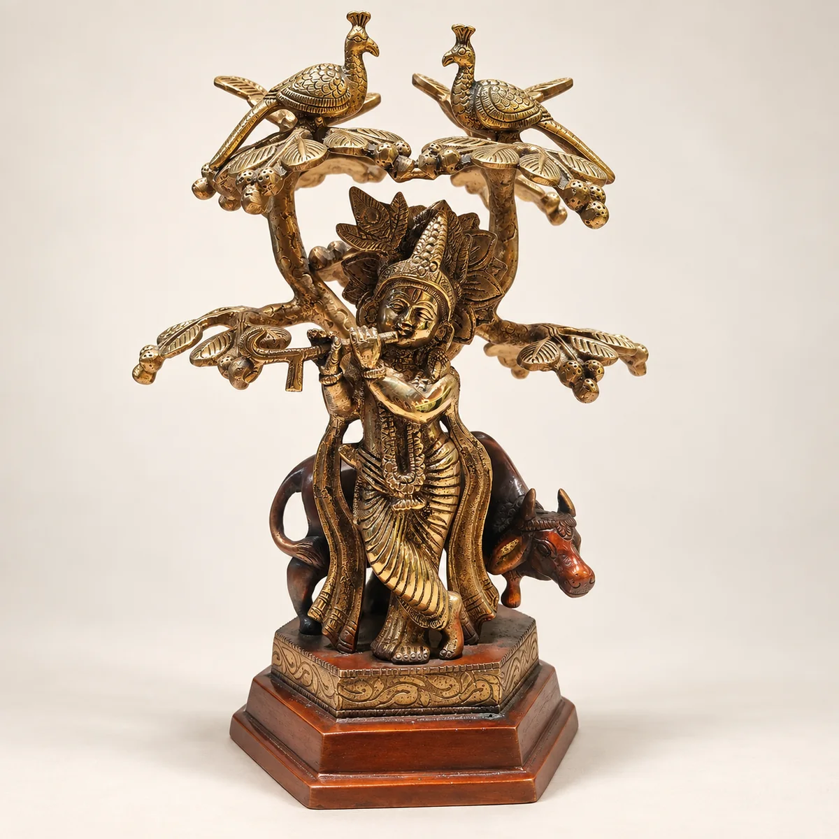 Brass Krishna with Cow and Tree Idol