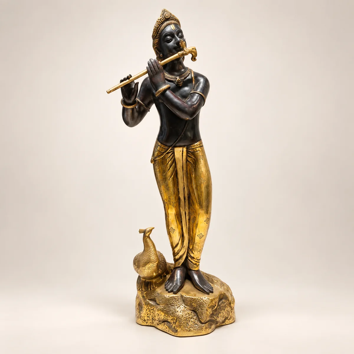 Brass Standing Krishna with Peacock Idol