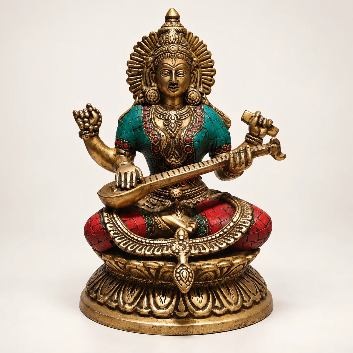 Brass Saraswati Idol – 9 Inch Compact Statue